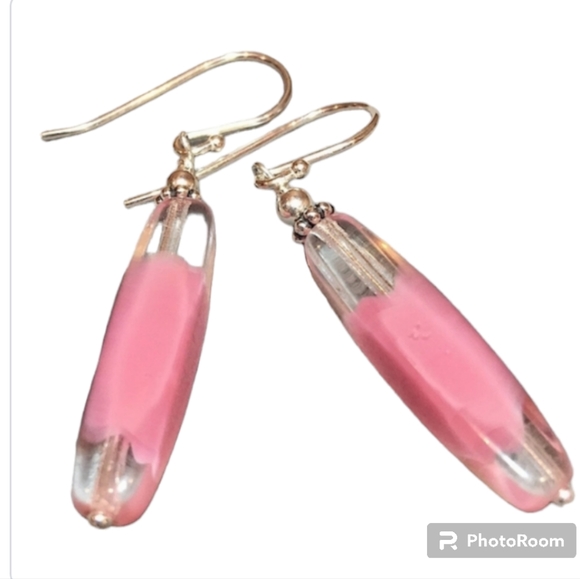 Sterling Silver Pink Dangle Earrings with Vintage Czech Beads - Picture 1 of 2